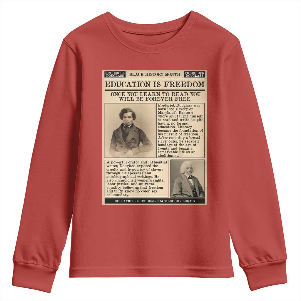 Education Is Freedom Newspaper Youth Sweatshirt Frederick Douglass Black History Month Gift TS12 Red Print Your Wear