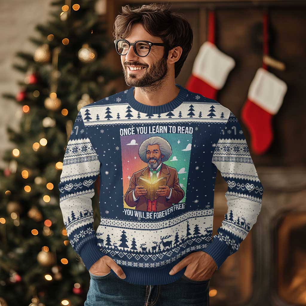 Frederick Douglass Reading And Freedom Ugly Christmas Sweater African American Heritage TS12 Navy Beige Print Your Wear