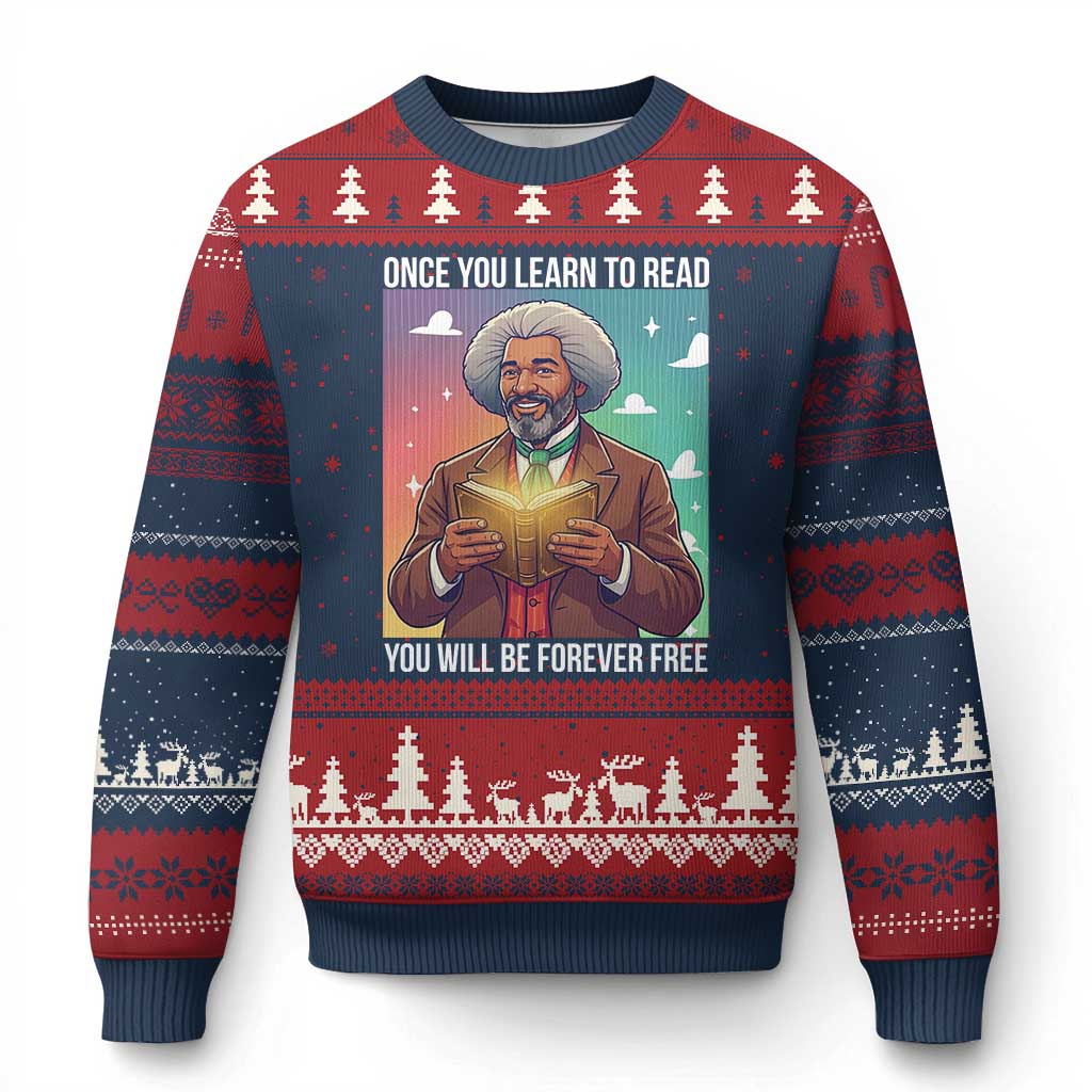 Frederick Douglass Reading And Freedom Ugly Christmas Sweater African American Heritage TS12 Navy Red Print Your Wear
