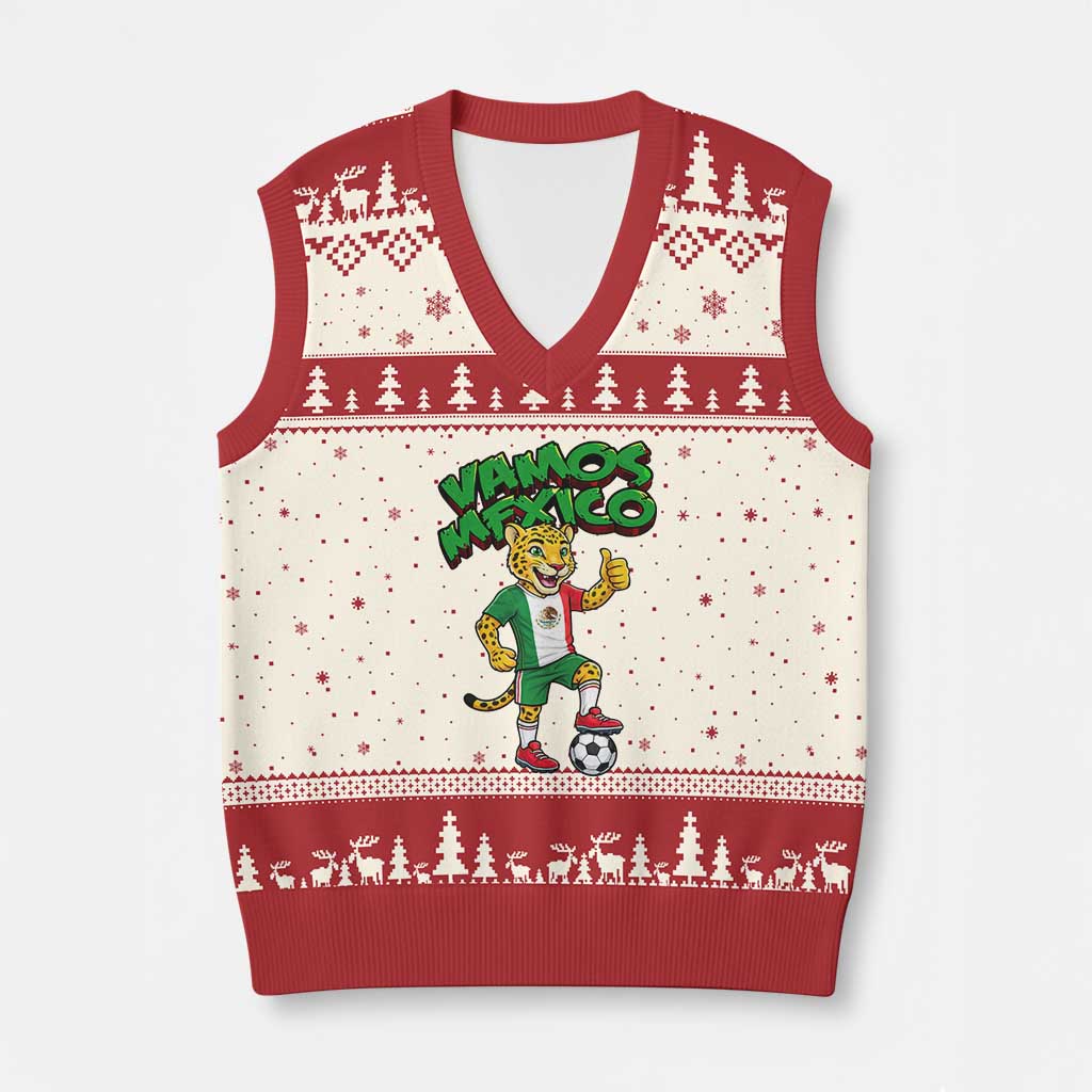Vamos Mexico Fierce Leopard V-Neck Knit Sweater Vest Soccer 2026 Fan Gift TS12 Beige Red Print Your Wear
