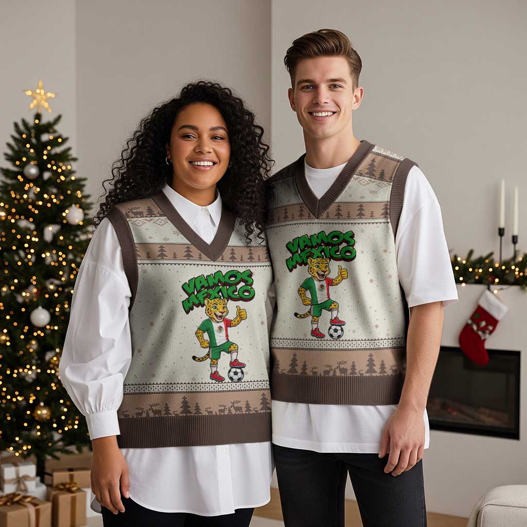 Vamos Mexico Fierce Leopard V-Neck Knit Sweater Vest Soccer 2026 Fan Gift TS12 Mocha Mousse Print Your Wear