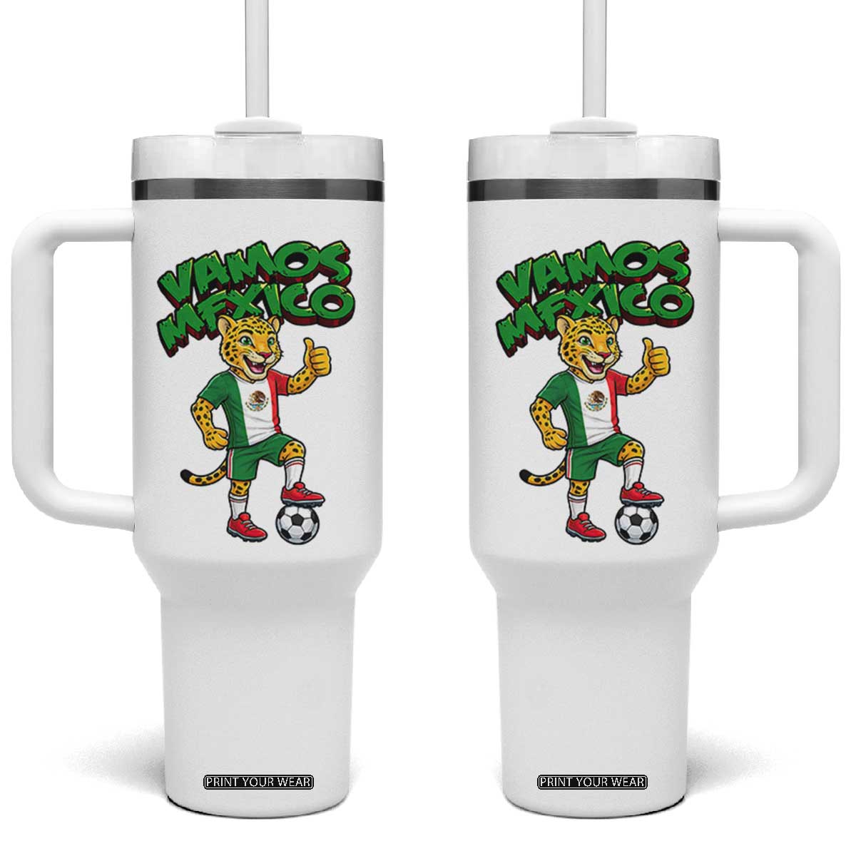 Vamos Mexico Fierce Leopard Tumbler With Handle Soccer 2026 Fan Gift TS12 One Size: 40 oz White Print Your Wear
