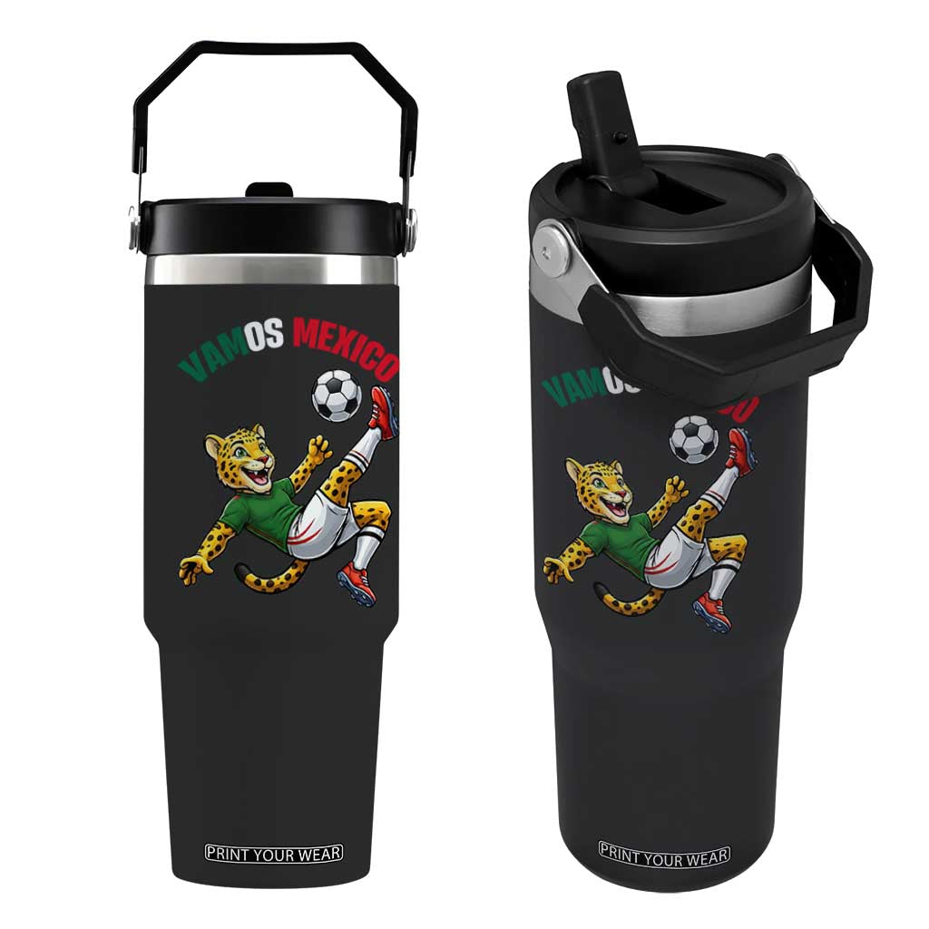 Vamos Mexico Fierce Leopard Soccer 2026 Flip Straw Tumbler Mexican Fan Gift TS12 One Size: 30 oz Black Print Your Wear