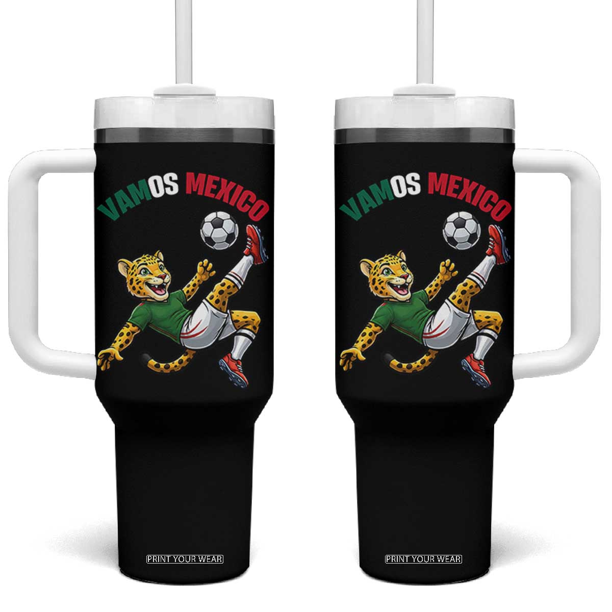 Vamos Mexico Fierce Leopard Soccer 2026 Tumbler With Handle Mexican Fan Gift TS12 One Size: 40 oz Black Print Your Wear