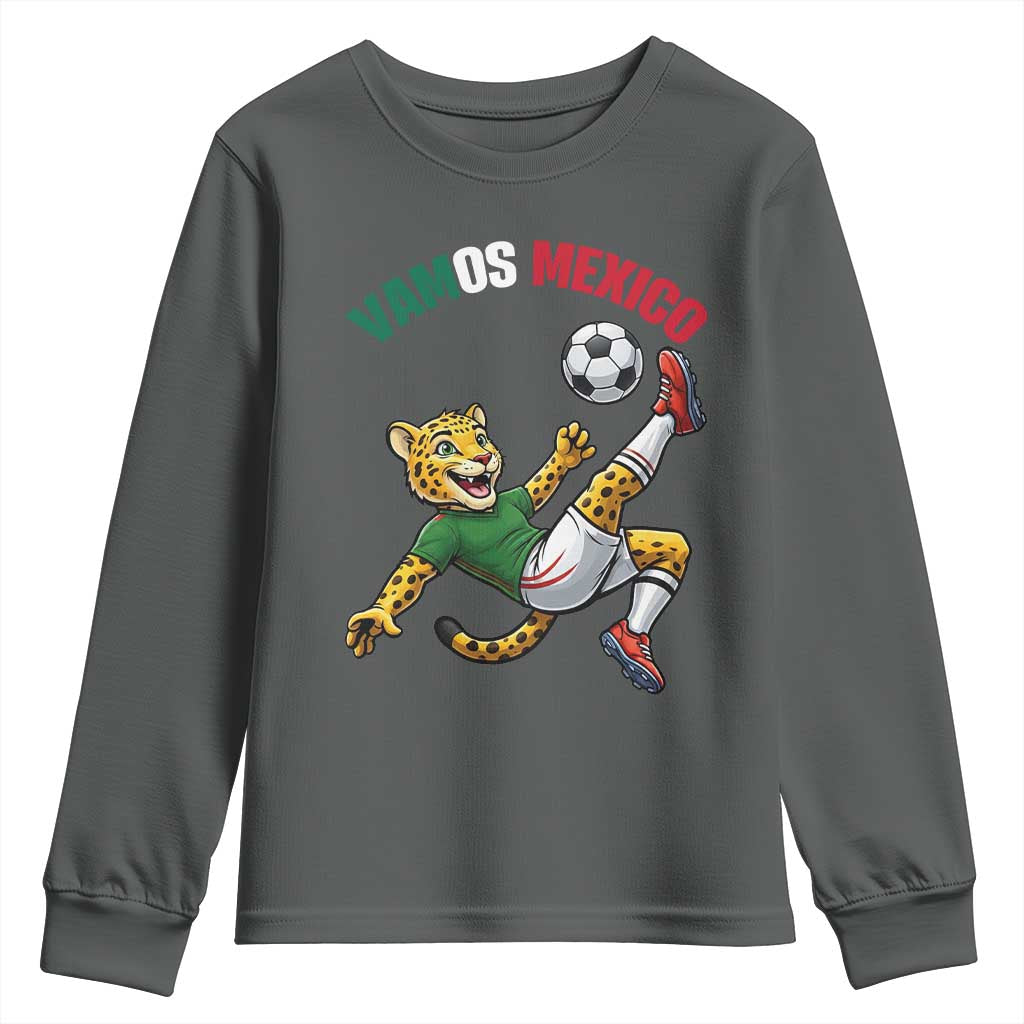 Vamos Mexico Fierce Leopard Soccer 2026 Youth Sweatshirt Mexican Fan Gift TS12 Dark Heather Print Your Wear