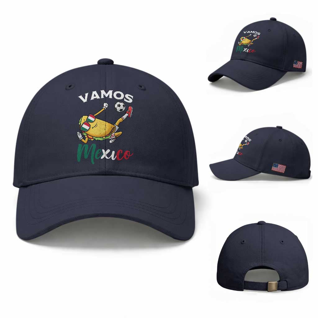 Vamos Mexico Taco Playing Soccer Baseball Cap Mexican Fan Gift TS12 Baseball Cap Universal Fit Navy Print Your Wear