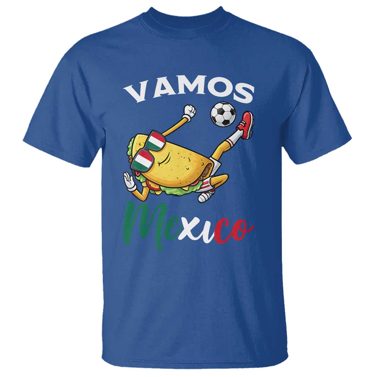 Vamos Mexico Taco Playing Soccer T Shirt Mexican Fan Gift TS12 Royal Blue Print Your Wear