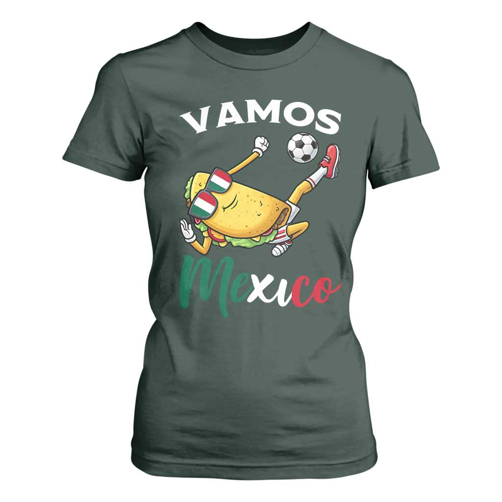 Vamos Mexico Taco Playing Soccer T Shirt For Women Mexican Fan Gift TS12 Dark Forest Green Print Your Wear
