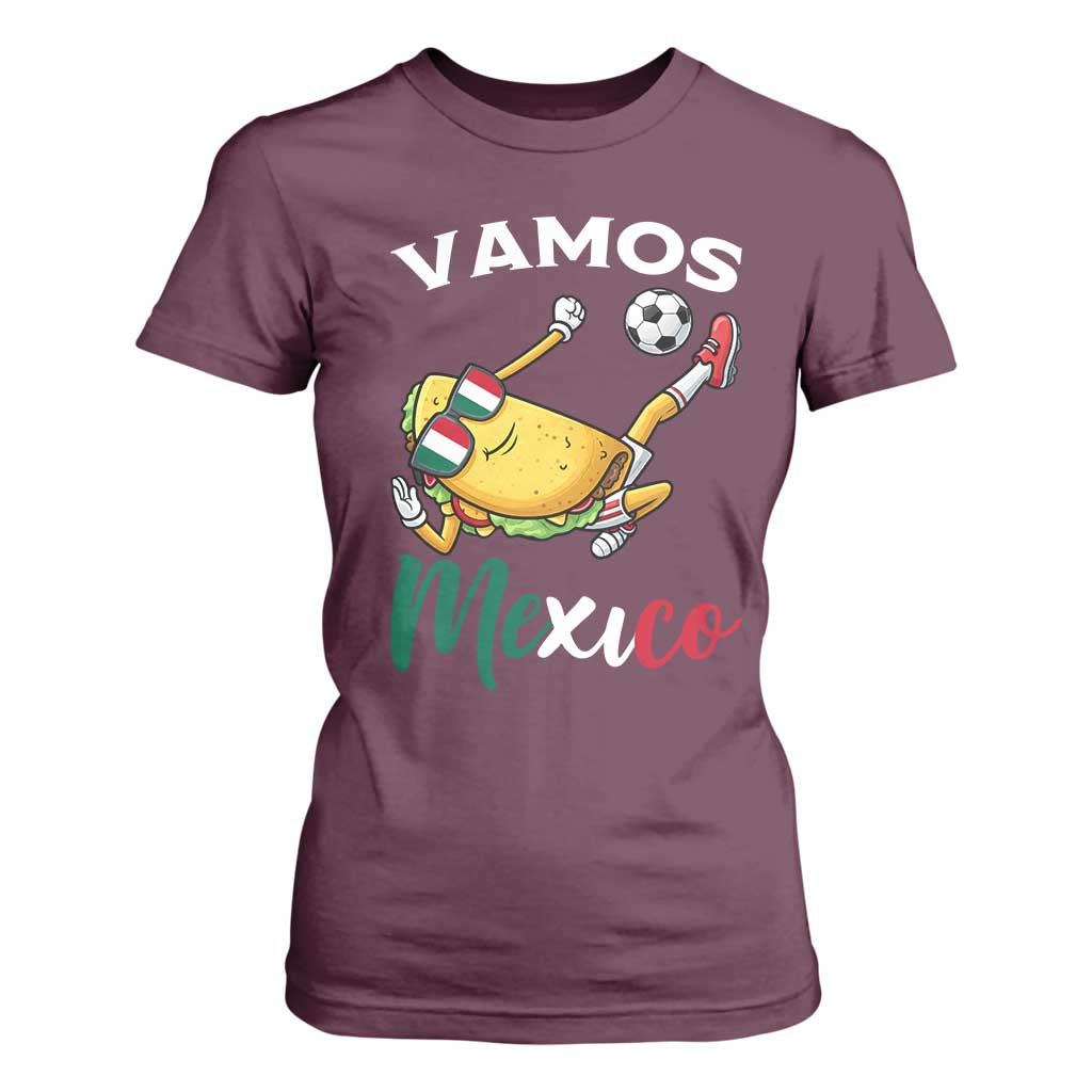 Vamos Mexico Taco Playing Soccer T Shirt For Women Mexican Fan Gift TS12 Maroon Print Your Wear