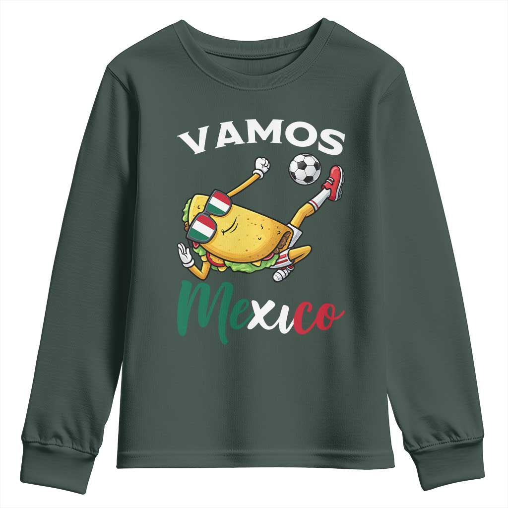 Vamos Mexico Taco Playing Soccer Youth Sweatshirt Mexican Fan Gift TS12 Dark Forest Green Print Your Wear