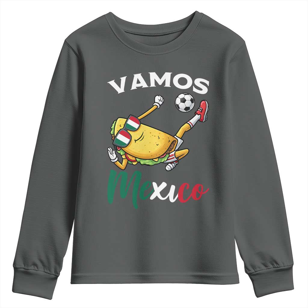 Vamos Mexico Taco Playing Soccer Youth Sweatshirt Mexican Fan Gift TS12 Dark Heather Print Your Wear
