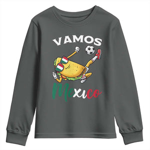 Vamos Mexico Taco Playing Soccer Youth Sweatshirt Mexican Fan Gift TS12 Dark Heather Print Your Wear