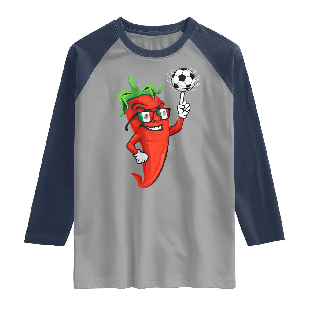 Cool Chili Pepper Soccer Player Raglan Shirt Mexican Spicy Food Lover TS12 Sport Gray Navy Print Your Wear