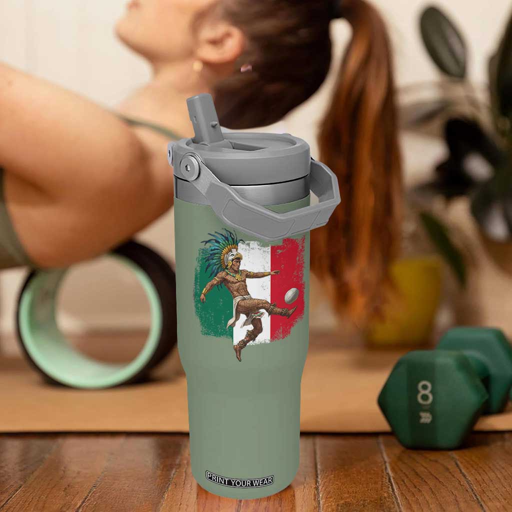 Aztec Warrior Playing Soccer Flip Straw Tumbler Mexican Pride Football Fan Gift TS12 One Size: 30 oz Moss Green Print Your Wear