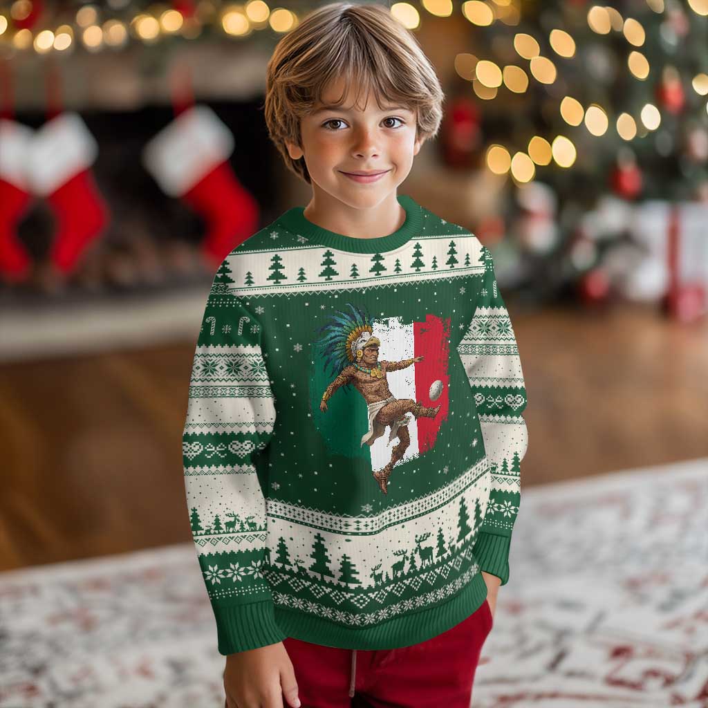 Aztec Warrior Playing Soccer Ugly Christmas Sweater Mexican Pride Football Fan Gift TS12 Forest Green Beige Print Your Wear