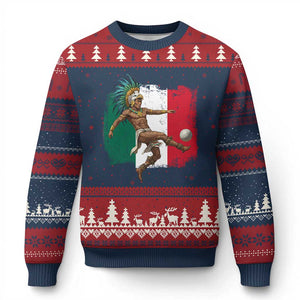 Aztec Warrior Playing Soccer Ugly Christmas Sweater Mexican Pride Football Fan Gift TS12 Navy Red Print Your Wear
