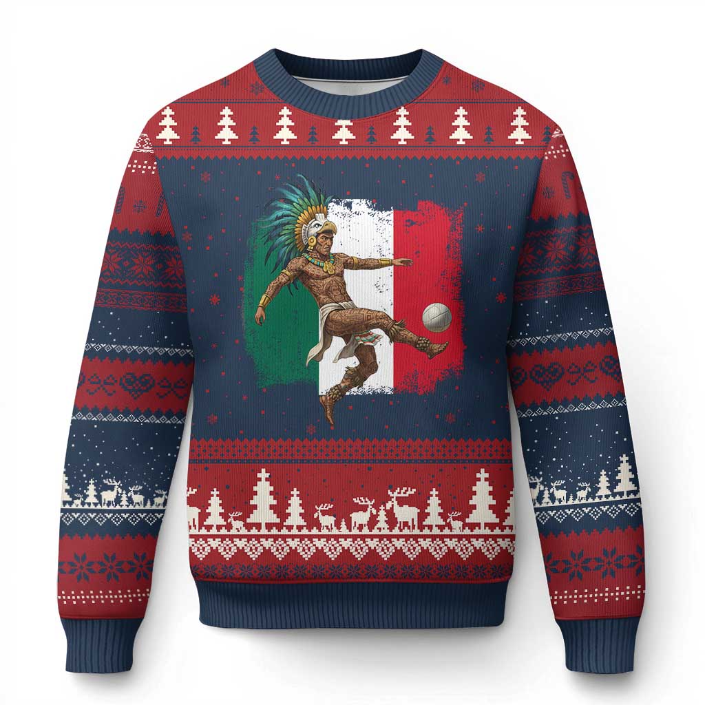 Aztec Warrior Playing Soccer Ugly Christmas Sweater Mexican Pride Football Fan Gift TS12 Navy Red Print Your Wear