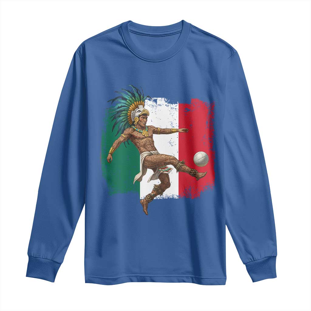 Aztec Warrior Playing Soccer Long Sleeve Shirt Mexican Pride Football Fan Gift TS12 Royal Blue Print Your Wear