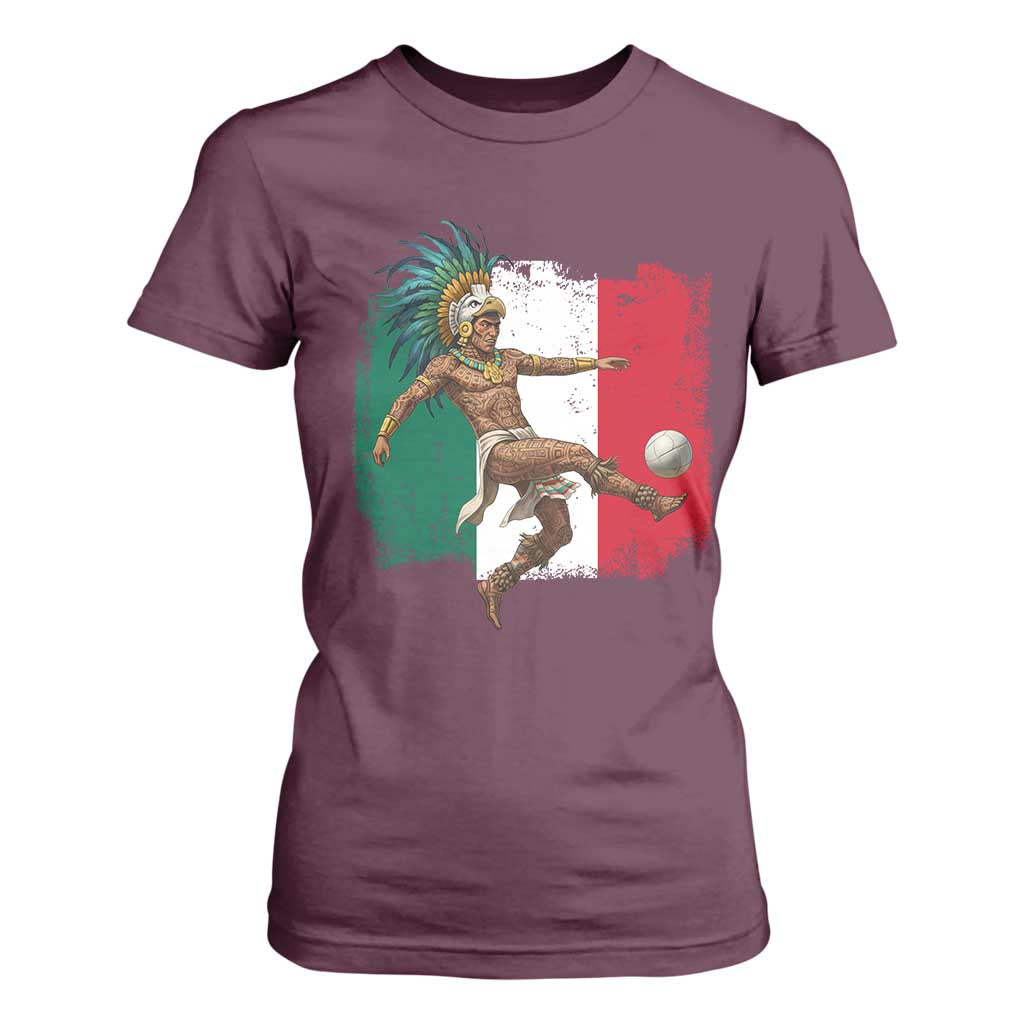 Aztec Warrior Playing Soccer T Shirt For Women Mexican Pride Football Fan Gift TS12 Maroon Print Your Wear