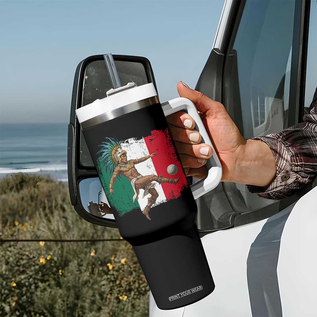Aztec Warrior Playing Soccer Tumbler With Handle Mexican Pride Football Fan Gift TS12 Print Your Wear