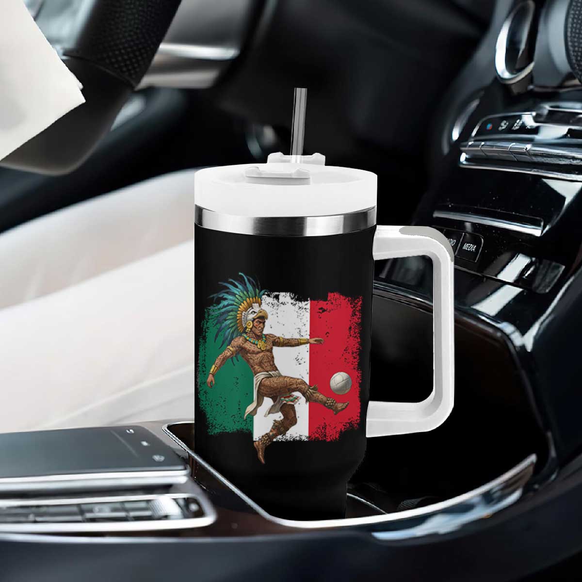 Aztec Warrior Playing Soccer Tumbler With Handle Mexican Pride Football Fan Gift TS12 Print Your Wear