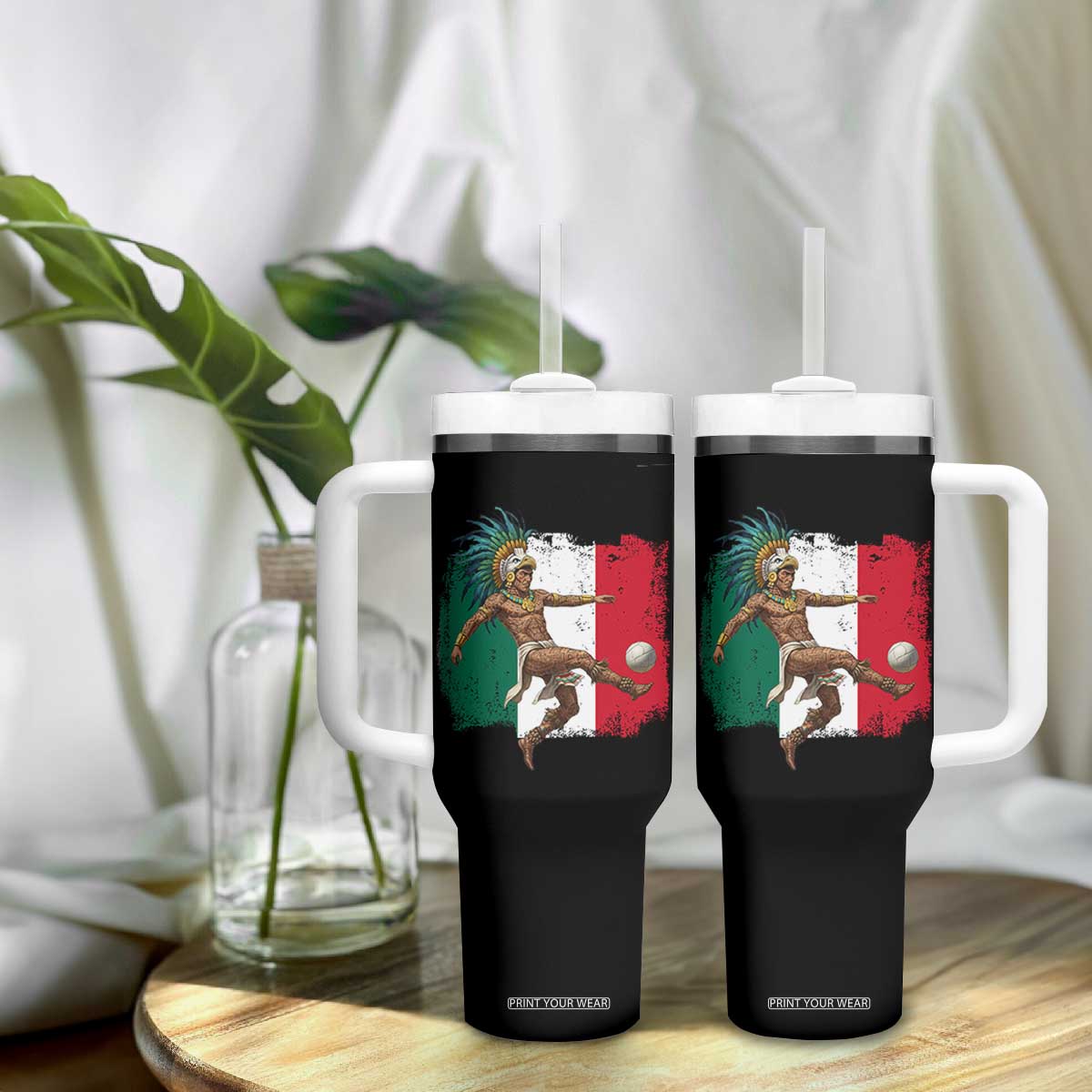 Aztec Warrior Playing Soccer Tumbler With Handle Mexican Pride Football Fan Gift TS12 Print Your Wear