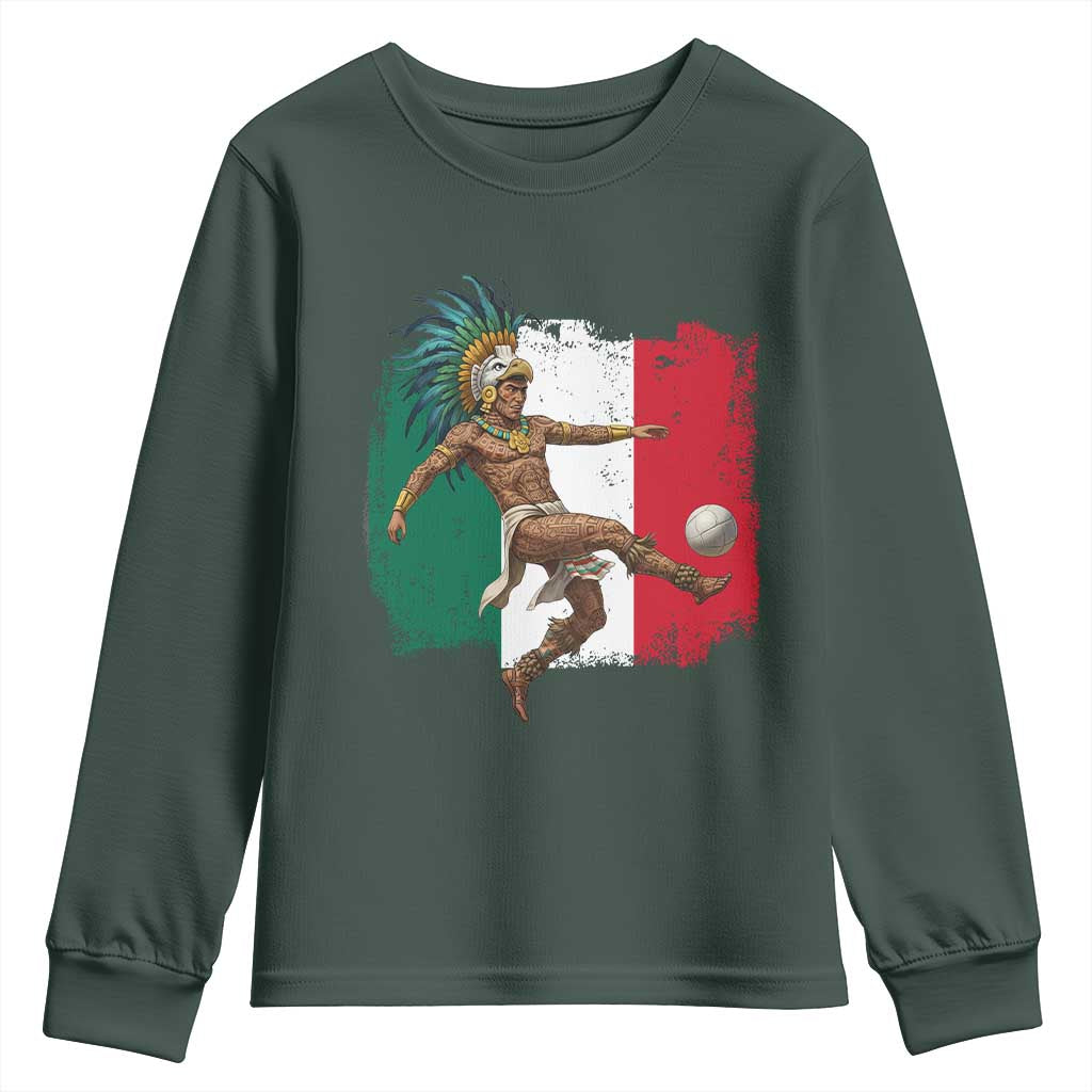 Aztec Warrior Playing Soccer Youth Sweatshirt Mexican Pride Football Fan Gift TS12 Dark Forest Green Print Your Wear