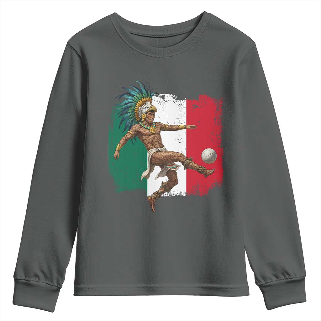 Aztec Warrior Playing Soccer Youth Sweatshirt Mexican Pride Football Fan Gift TS12 Dark Heather Print Your Wear
