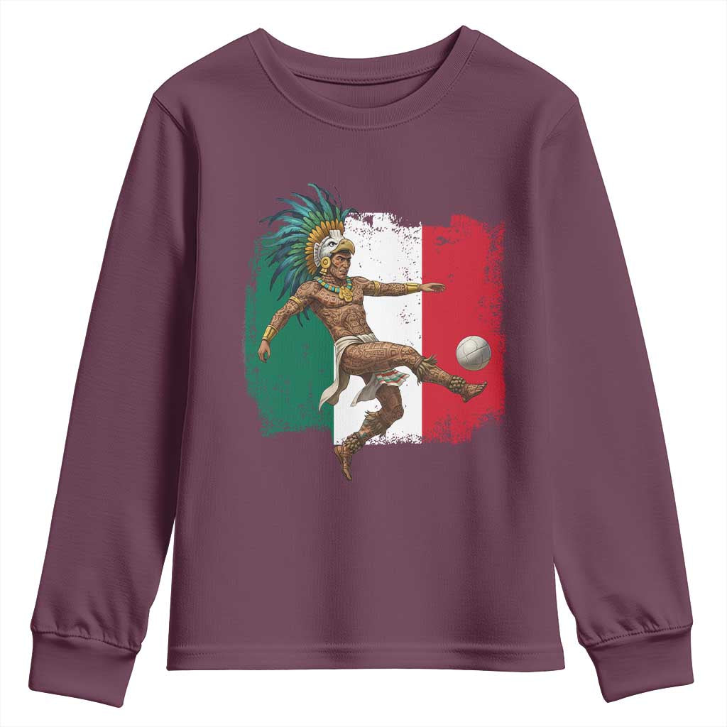 Aztec Warrior Playing Soccer Youth Sweatshirt Mexican Pride Football Fan Gift TS12 Maroon Print Your Wear