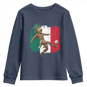 Aztec Warrior Playing Soccer Youth Sweatshirt Mexican Pride Football Fan Gift TS12 Navy Print Your Wear