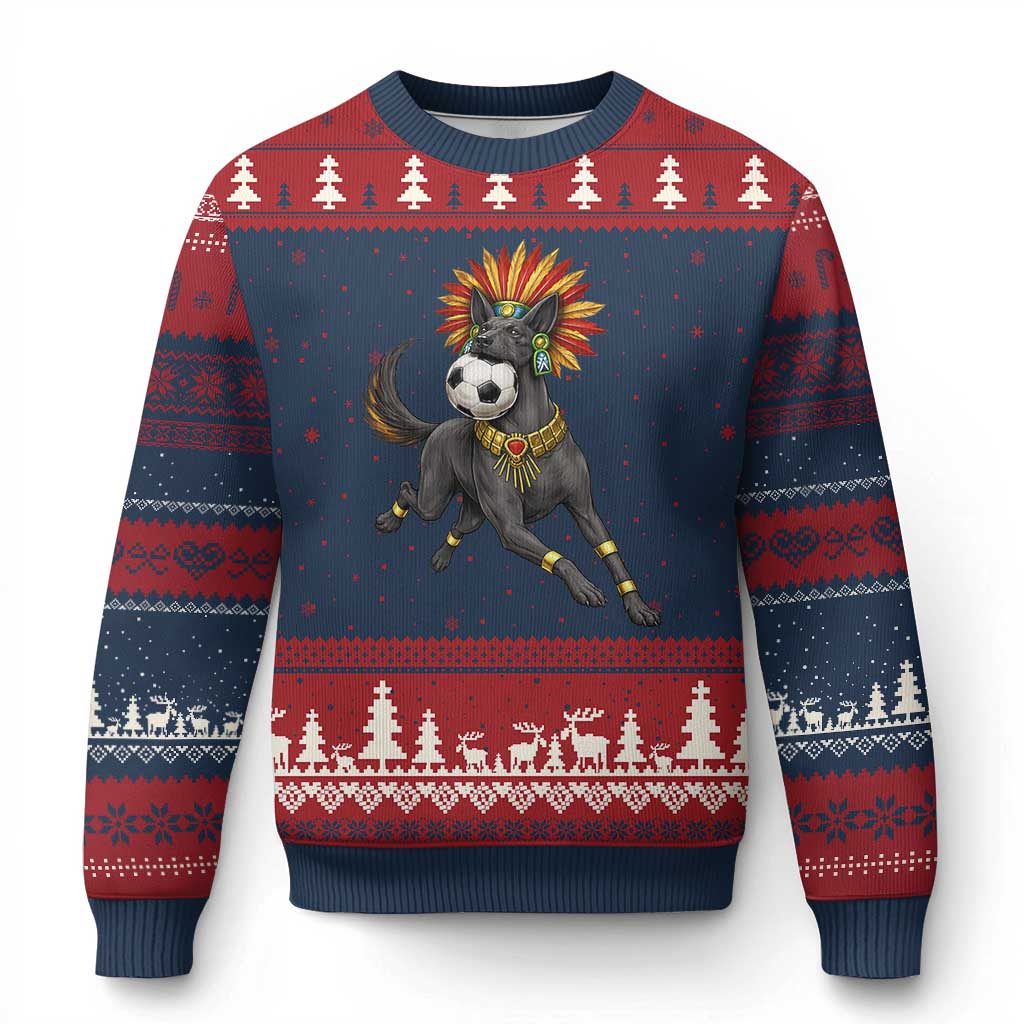 Xolo Dog Soccer Aztec Mexican Fan Gift Ugly Christmas Sweater TS12 Navy Red Print Your Wear