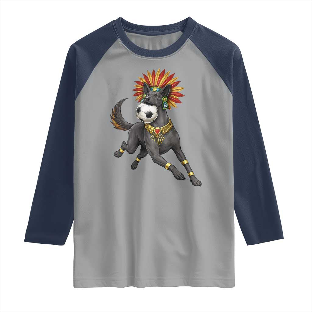 Xolo Dog Soccer Aztec Mexican Fan Gift Raglan Shirt TS12 Sport Gray Navy Print Your Wear