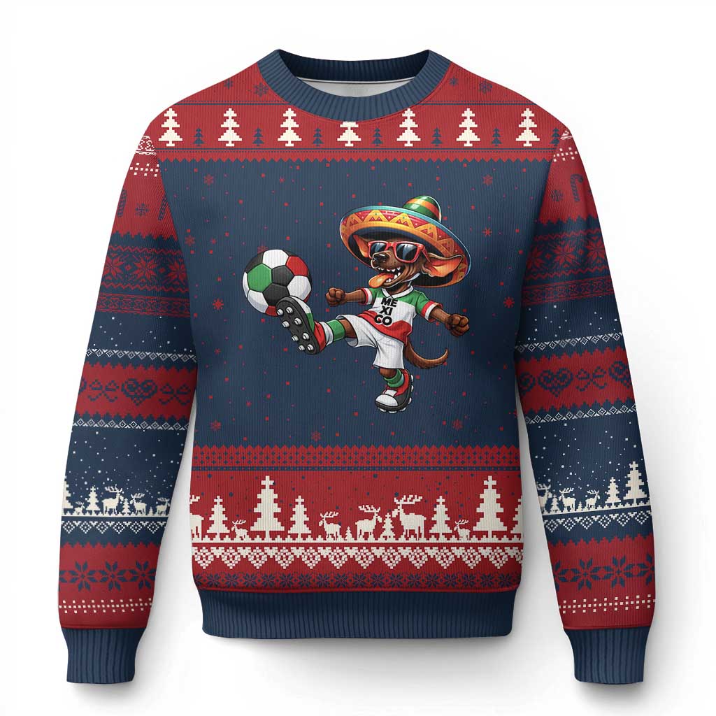 Funny Mexican Xolo Dog Playing Soccer Ugly Christmas Sweater Football Fan Gift TS12 Navy Red Print Your Wear