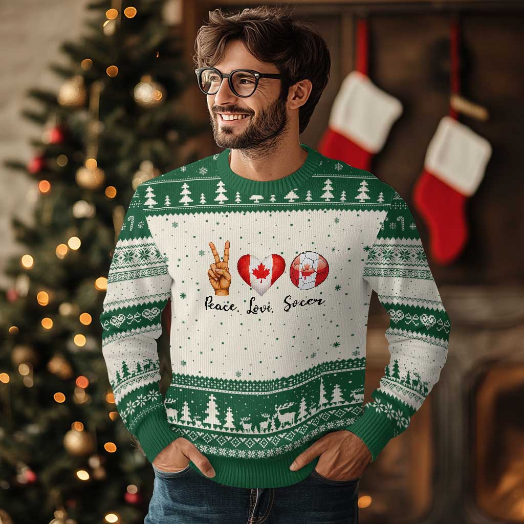 Peace Love Soccer Ugly Christmas Sweater Proud Canadian Fan Gift TS12 Beige Green Print Your Wear
