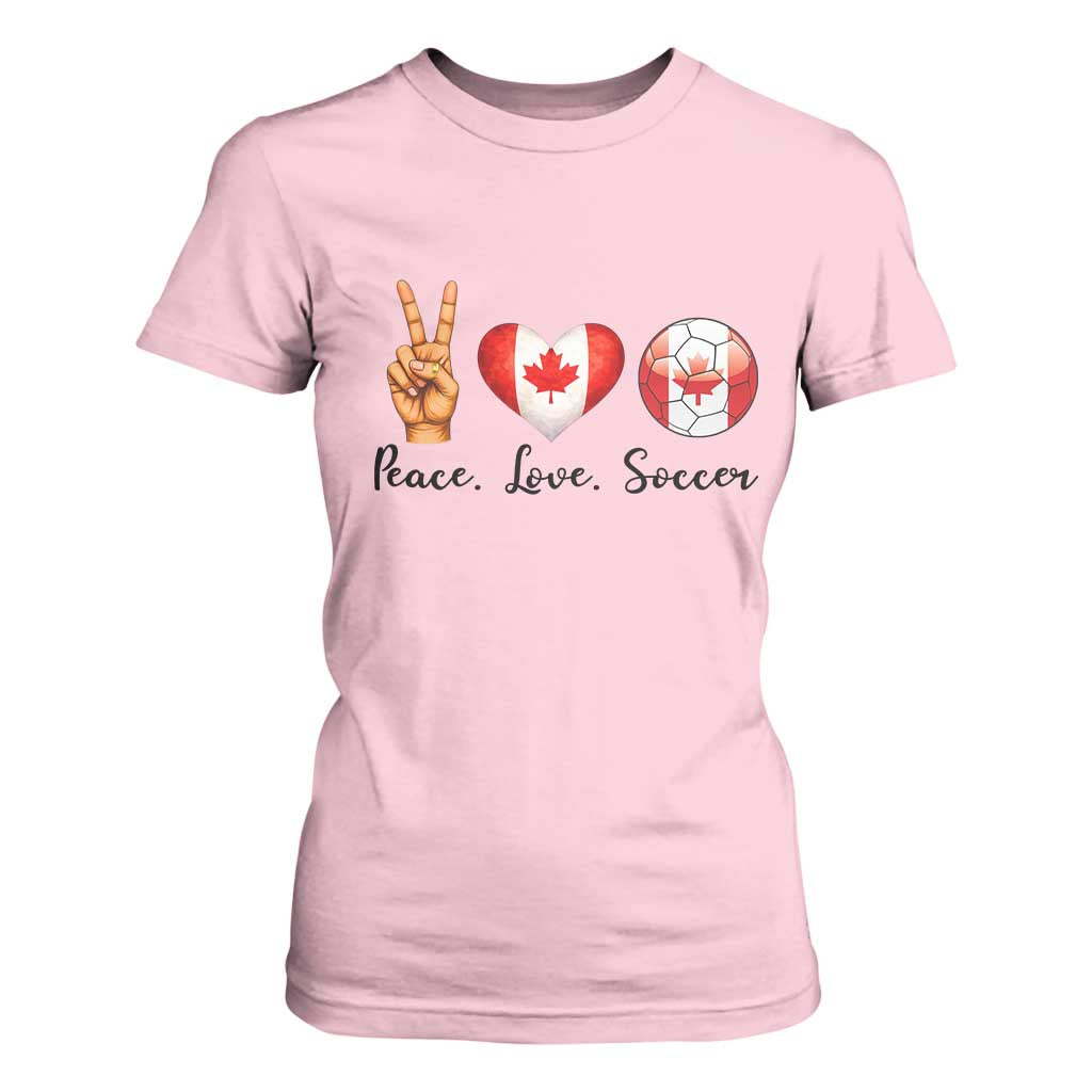 Peace Love Soccer T Shirt For Women Proud Canadian Fan Gift TS12 Light Pink Print Your Wear