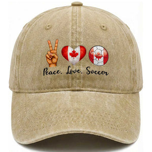 Peace Love Soccer Washed Cotton Baseball Cap Proud Canadian Fan Gift TS12 Print Your Wear