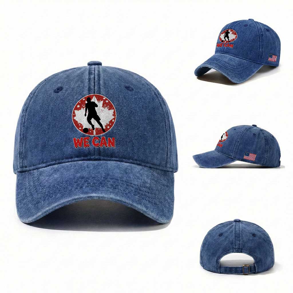 We Can Canada Soccer Washed Cotton Baseball Cap Canadian Football Fan Pride TS12 Washed Cap Universal Fit Royal Blue Print Your Wear