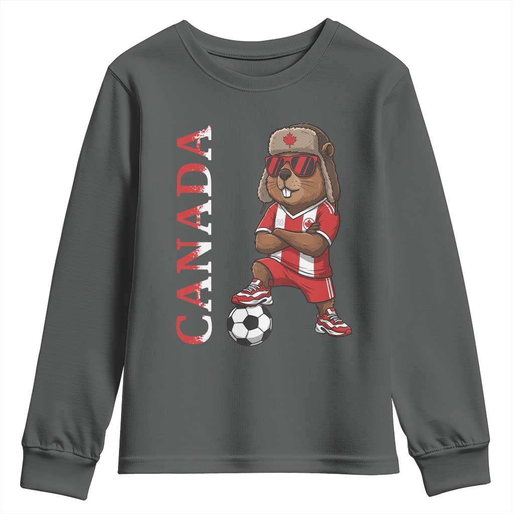 Proud Canada Soccer Beaver Youth Sweatshirt Funny Football Fan Gift TS12 Dark Heather Print Your Wear