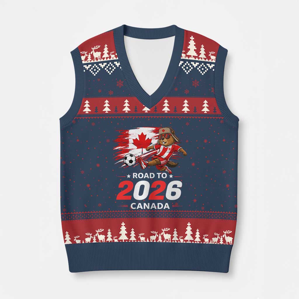 Proud Canada Soccer Beaver V-Neck Knit Sweater Vest Road To 2026 TS12 Navy Red Print Your Wear