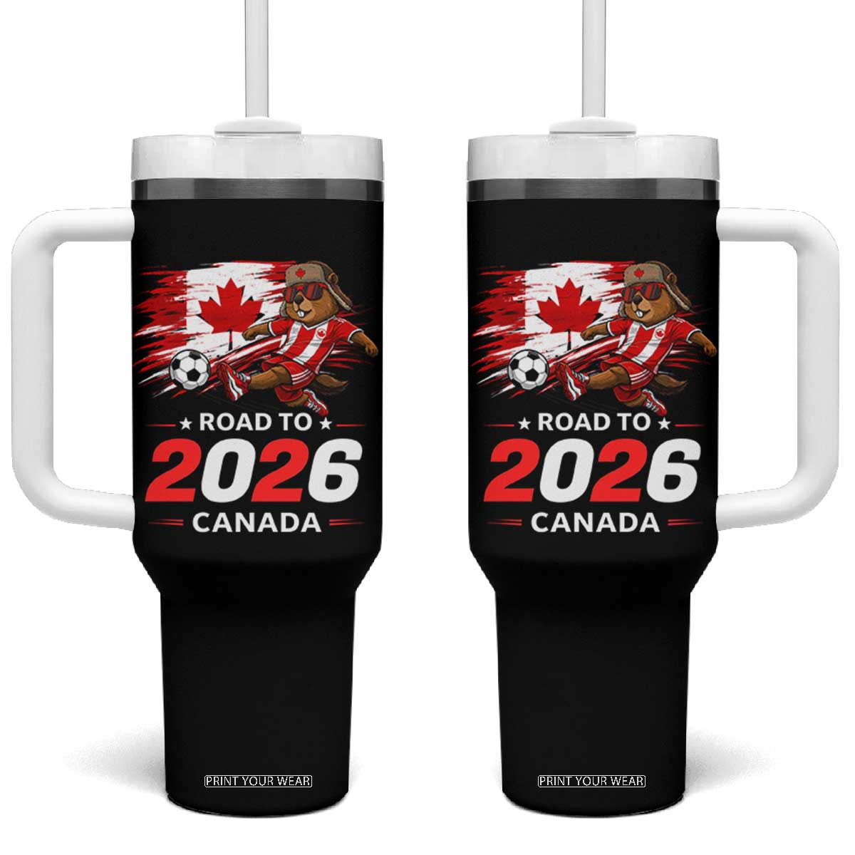 Proud Canada Soccer Beaver Tumbler With Handle Road To 2026 TS12 One Size: 40 oz Black Print Your Wear