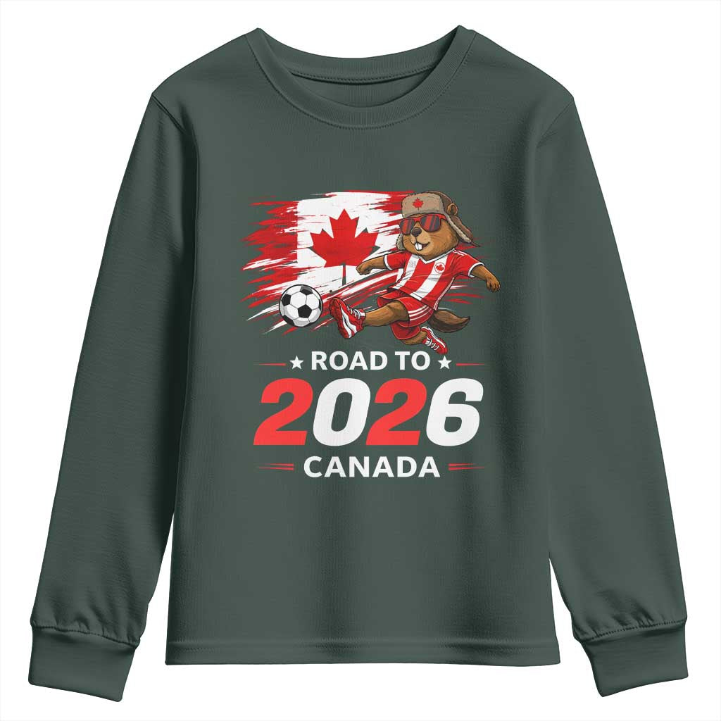 Proud Canada Soccer Beaver Youth Sweatshirt Road To 2026 TS12 Dark Forest Green Print Your Wear