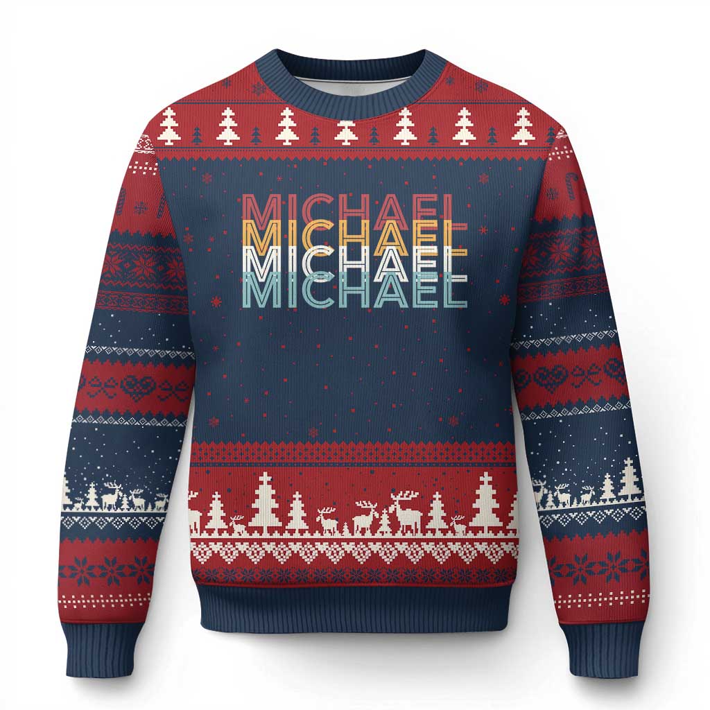 Michael Birthday Gift Ugly Christmas Sweater Vintage Retro Michael Name Typography TS12 Navy Red Print Your Wear