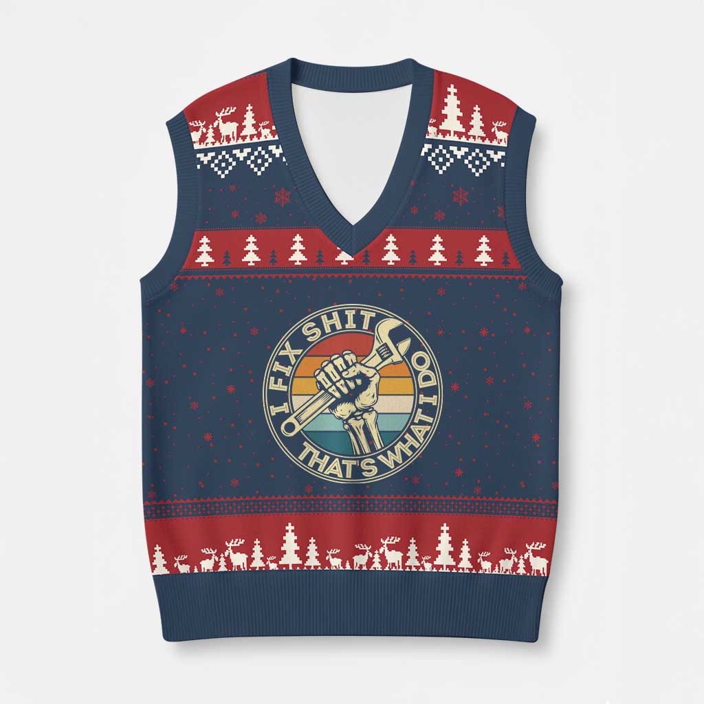 Vintage Skeleton Wrench Graphic V-Neck Knit Sweater Vest I Fix Shit Thats What I Do TS12 Navy Red Print Your Wear