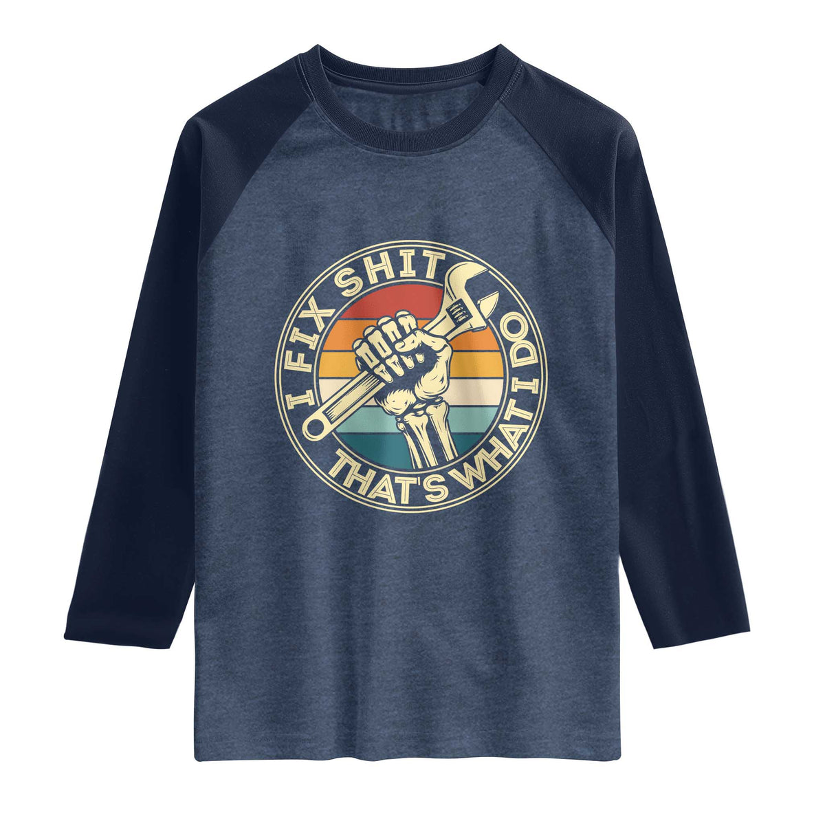 Vintage Skeleton Wrench Graphic Raglan Shirt I Fix Shit Thats What I Do TS12 Heather Denim Navy Print Your Wear