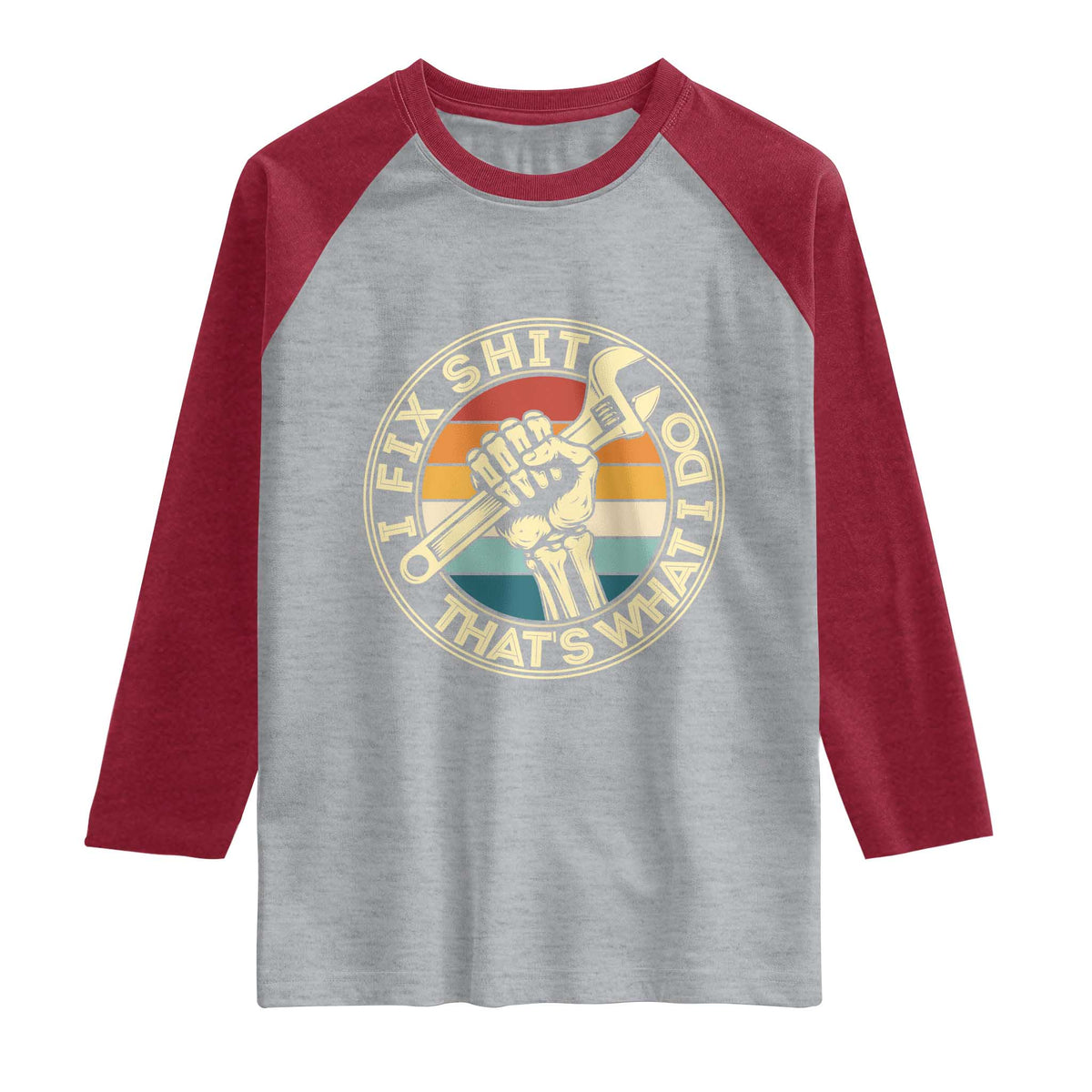Vintage Skeleton Wrench Graphic Raglan Shirt I Fix Shit Thats What I Do TS12 Heather Gray Heather Red Print Your Wear