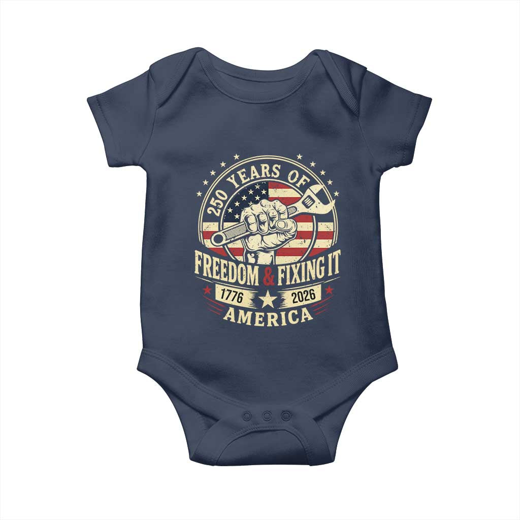 USA 250th Anniversary Patriotic Mechanic Baby Onesie Freedom And Fixing It TS12 Navy Print Your Wear