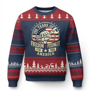 USA 250th Anniversary Patriotic Mechanic Ugly Christmas Sweater Freedom And Fixing It TS12 Navy Red Print Your Wear