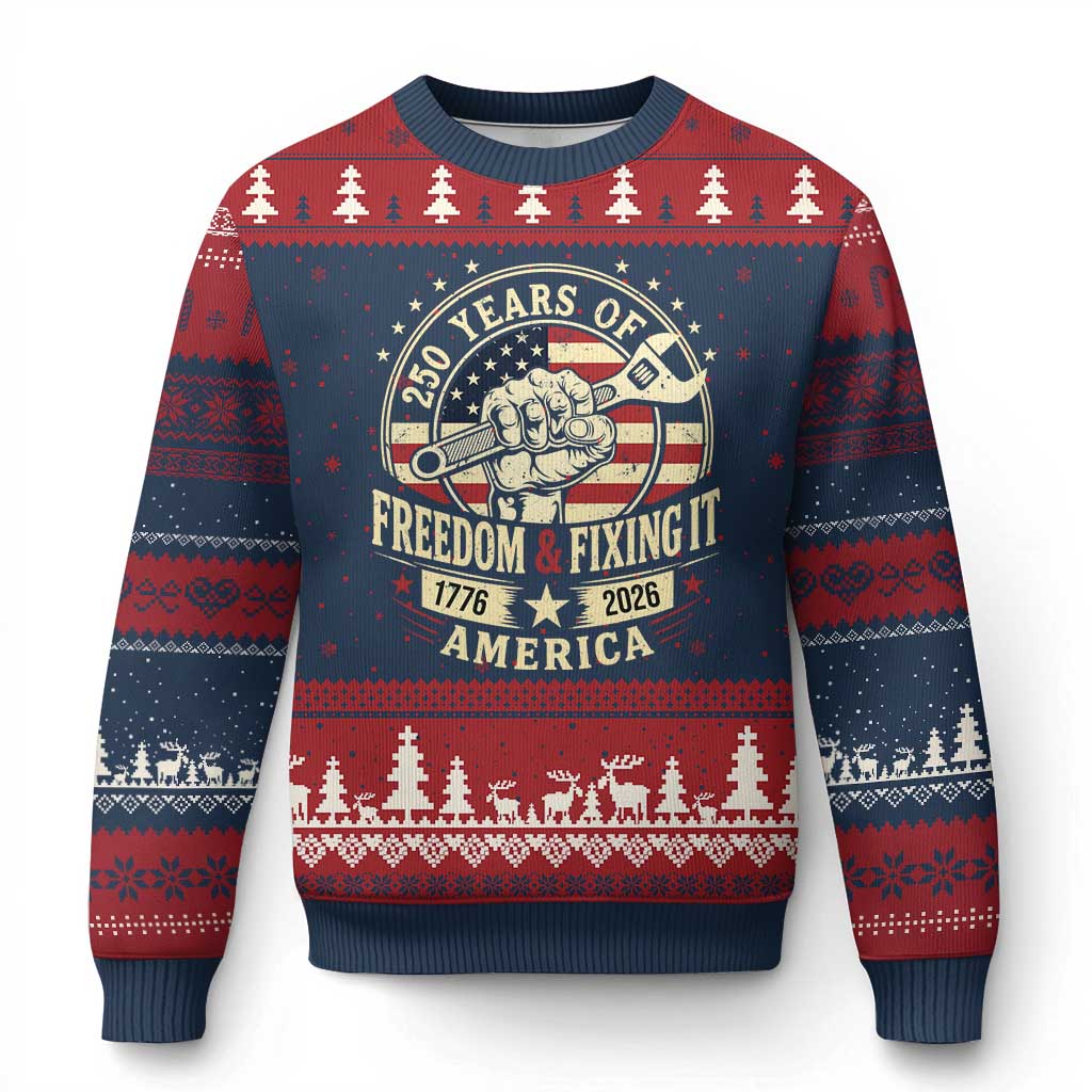 USA 250th Anniversary Patriotic Mechanic Ugly Christmas Sweater Freedom And Fixing It TS12 Navy Red Print Your Wear