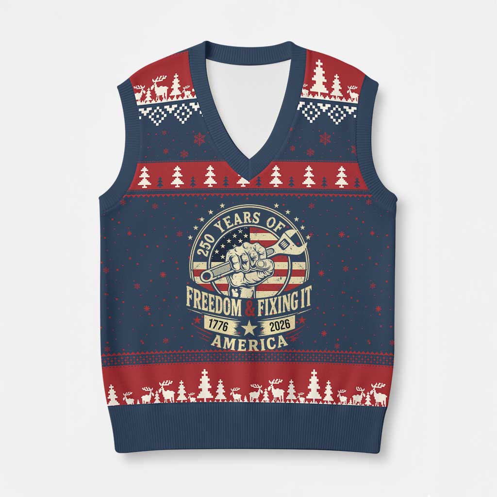 USA 250th Anniversary Patriotic Mechanic V-Neck Knit Sweater Vest Freedom And Fixing It TS12 Navy Red Print Your Wear