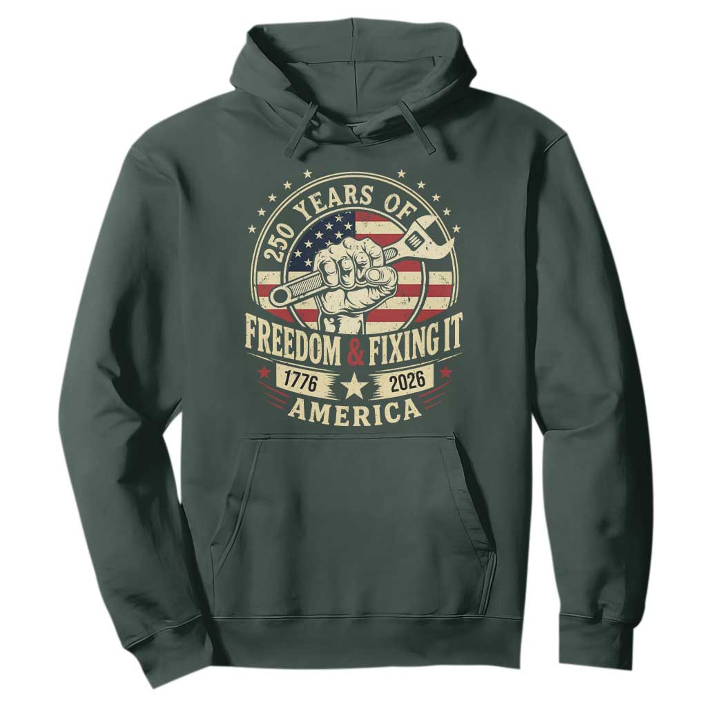 USA 250th Anniversary Patriotic Mechanic Hoodie Freedom And Fixing It TS12 Dark Forest Green Print Your Wear